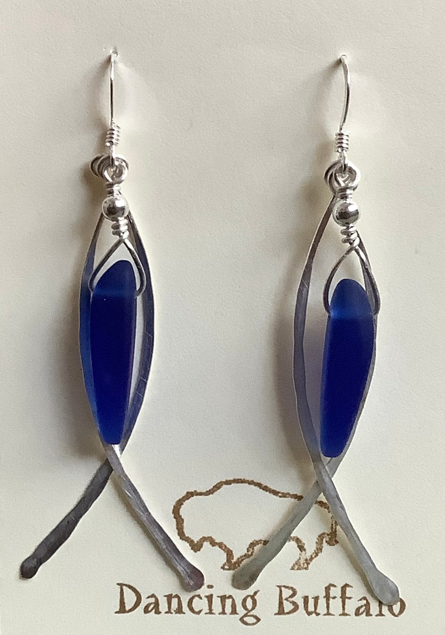 Hammered Wire Sea Glass Earrings-Royal