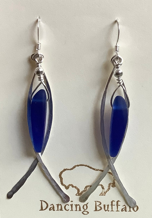 Hammered Wire Sea Glass Earrings-Royal