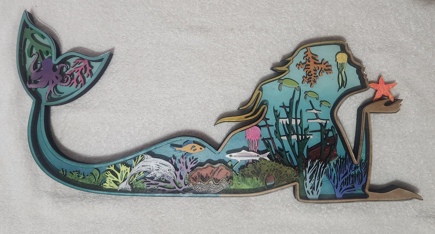 Wooden Layered Mermaid hanging wall art