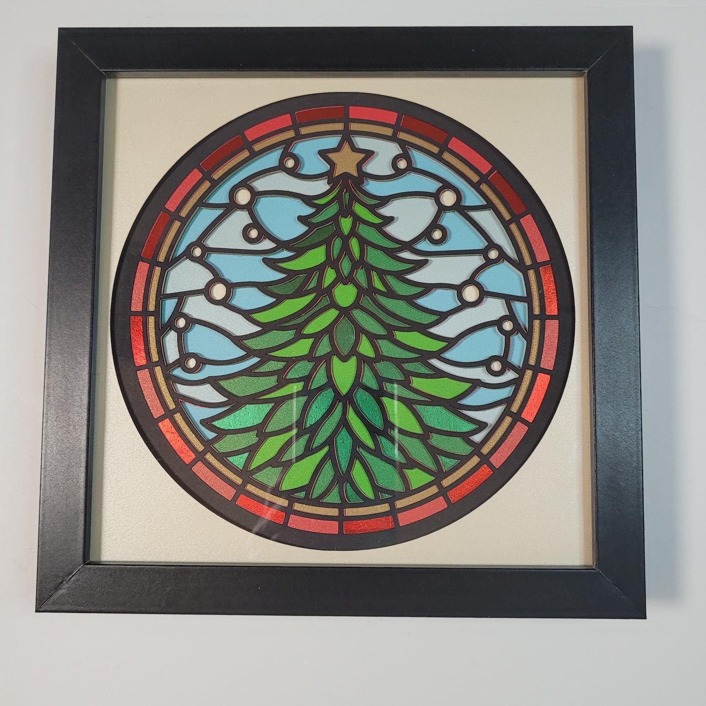 Stained glass Christmas tree shadow box