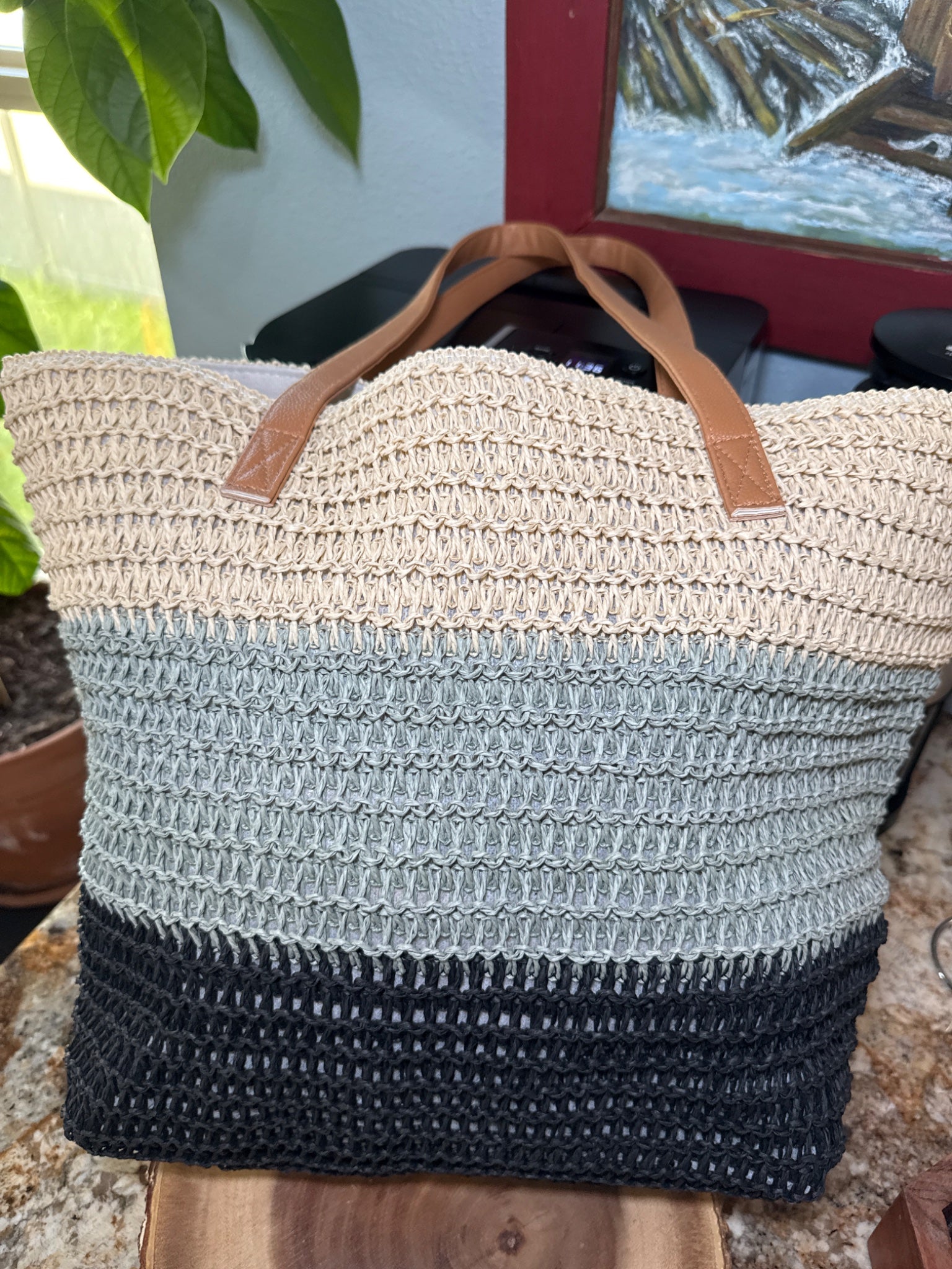 Blue and Tan Beach Bag - 1