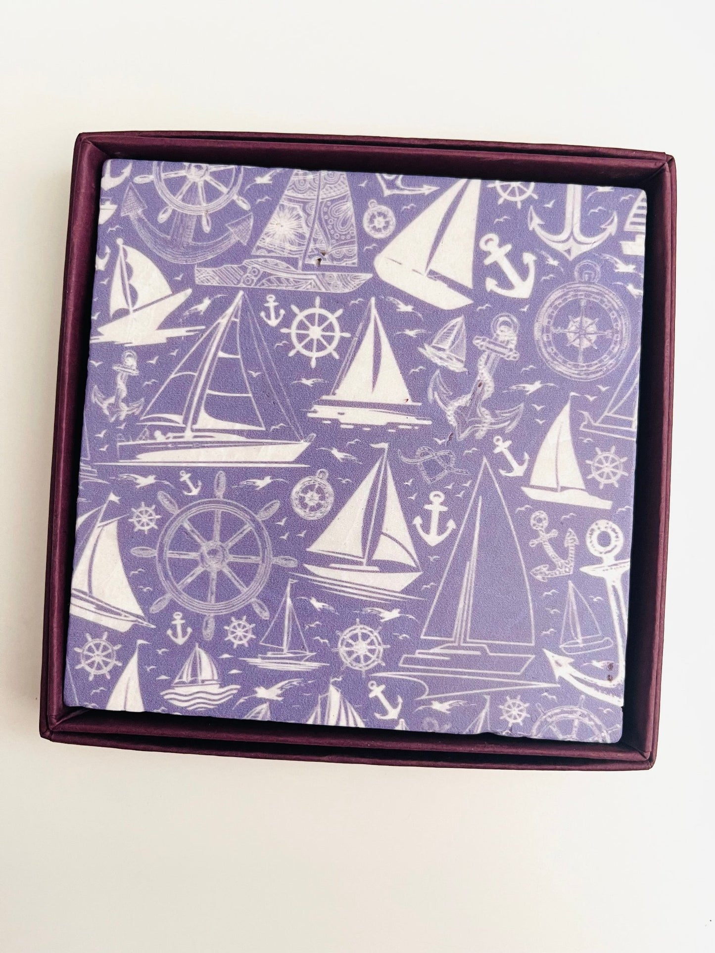 Sailboat Lineart Repeat - 4” Marble Coaster