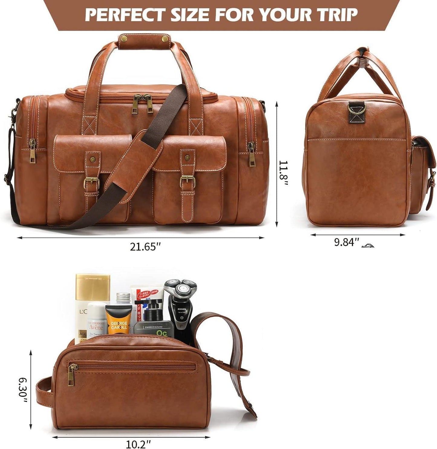 FR Fashion Co. 21" Men's Leather Duffel Bag with Toiletry Bag