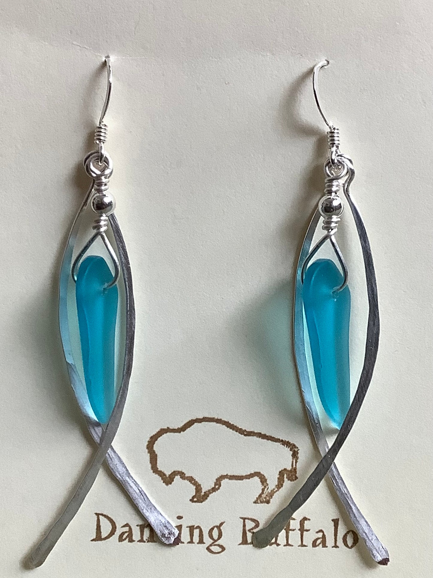 Hammered Wire Sea Glass Earrings-Aqua