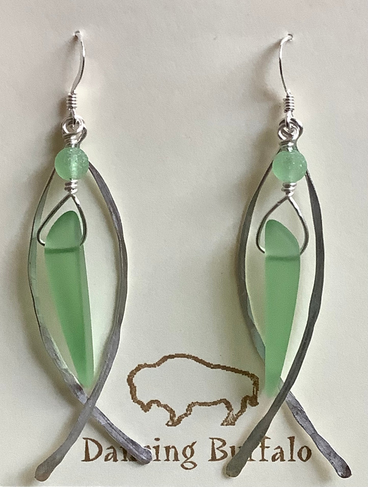 Hammered Wire Sea Glass Earrings-Light Green