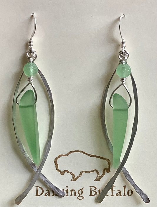 Hammered Wire Sea Glass Earrings-Light Green