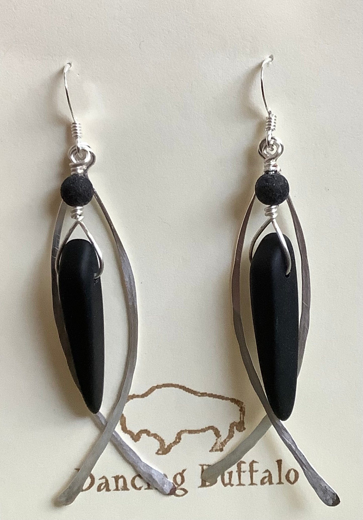 Hammered Wire Sea Glass Earrings-Black