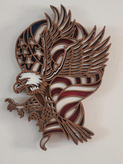 Wooden Layered eagle with flag