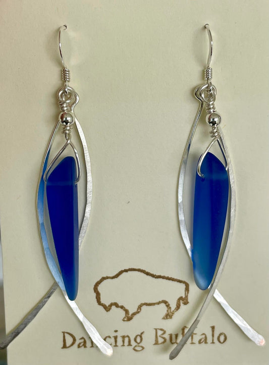 Hammered Wire Sea Glass Earrings-Royal