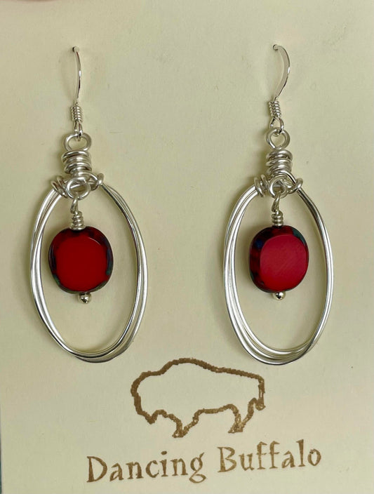 Oval Wire Wrapped Earrings-Red