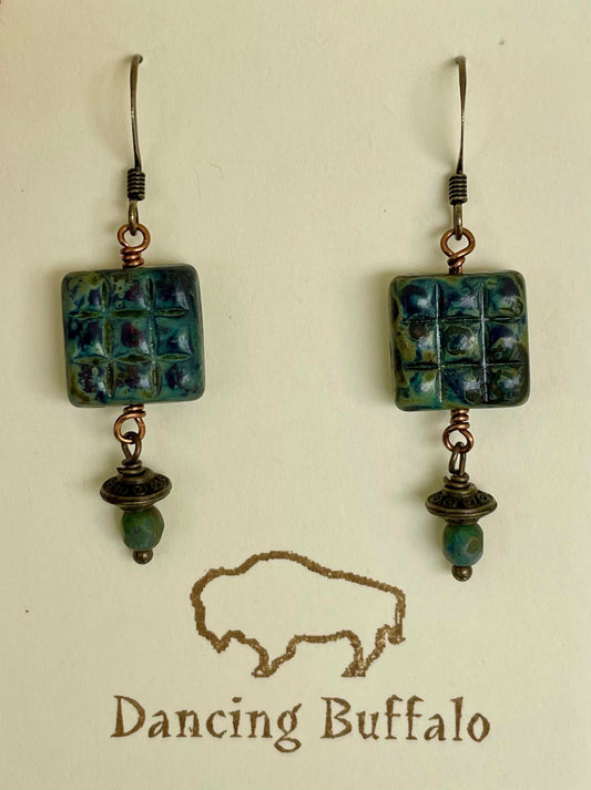 Square Green Czech Glass Earrings