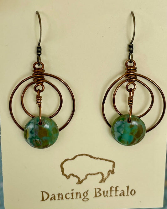 Green Czech Glass Double Circle Wire Wrapped Earrings