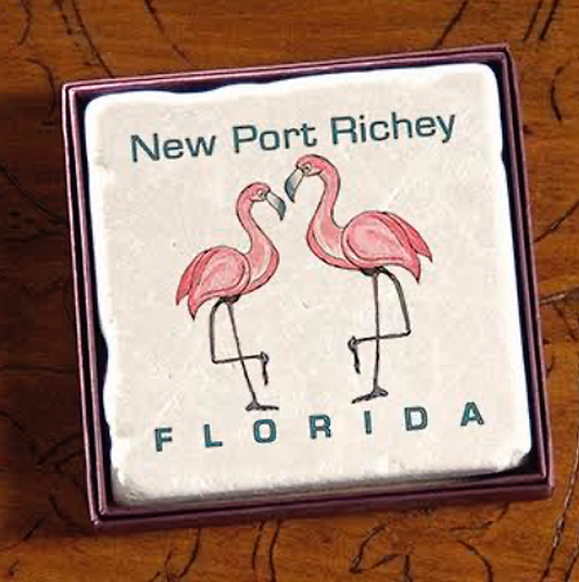 NEW PORT RICHEY, FL (Two Flamingos) – 4" Marble Coaster