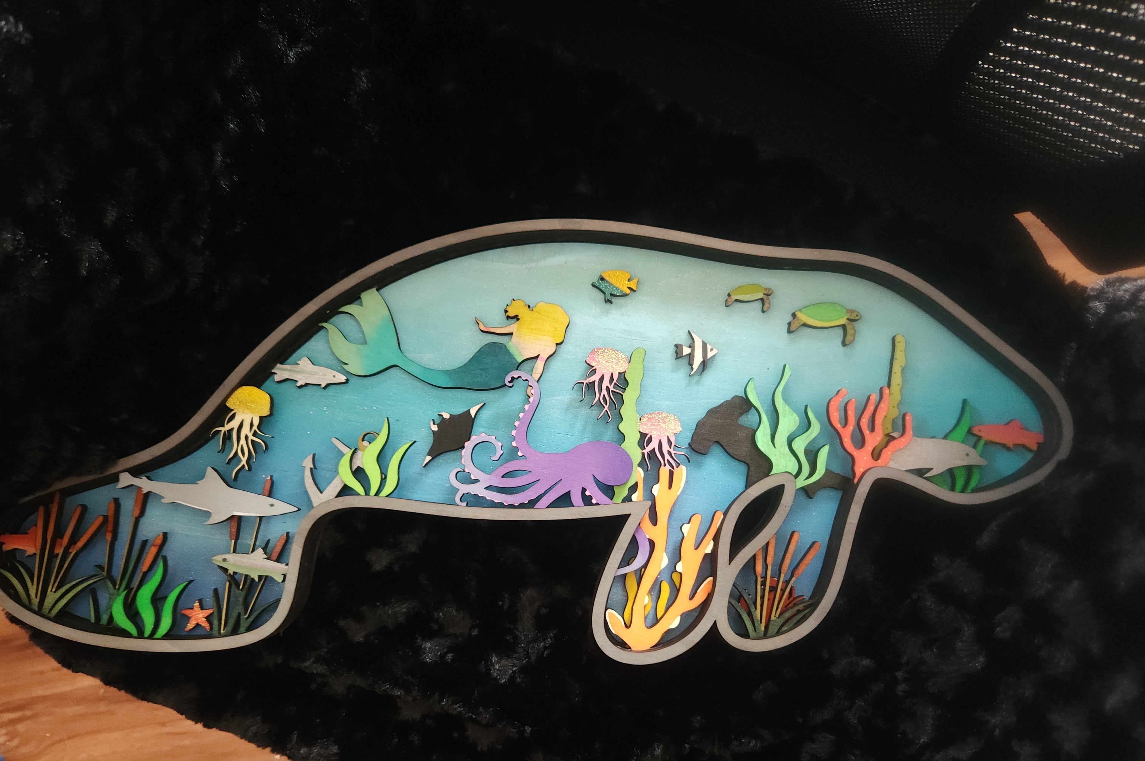 Wooden Layered Manatee hanging wall art