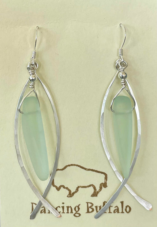 Hammered Wire Sea Glass Earrings-Lt Green