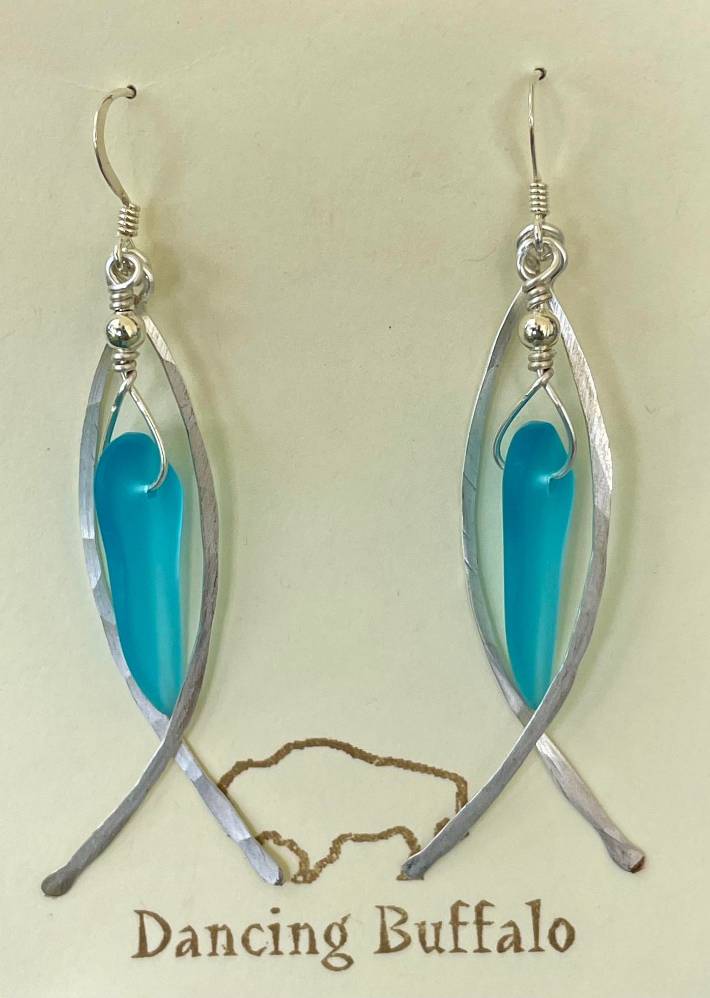 Hammered Wire Sea Glass Earrings-Aqua