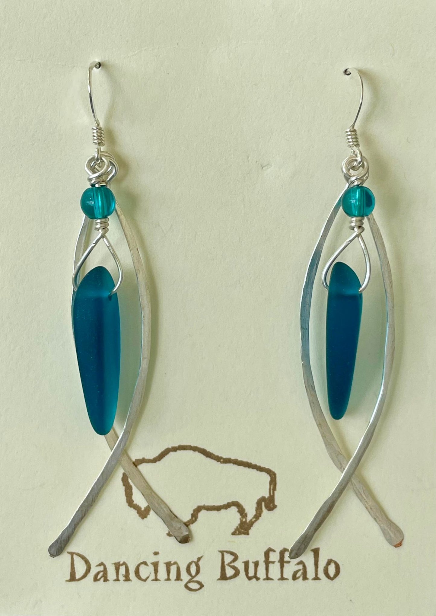 Hammered Wire Sea Glass Earrings-Peacock