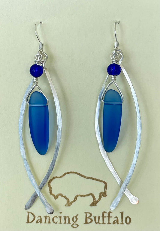 Hammered Wire Sea Glass Earrings-Royal