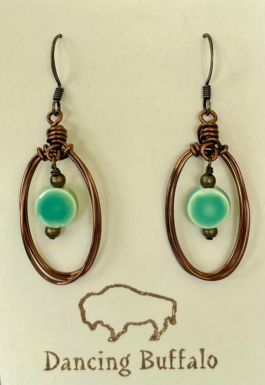 Oval Wire Wrapped Earrings-Seafoam green