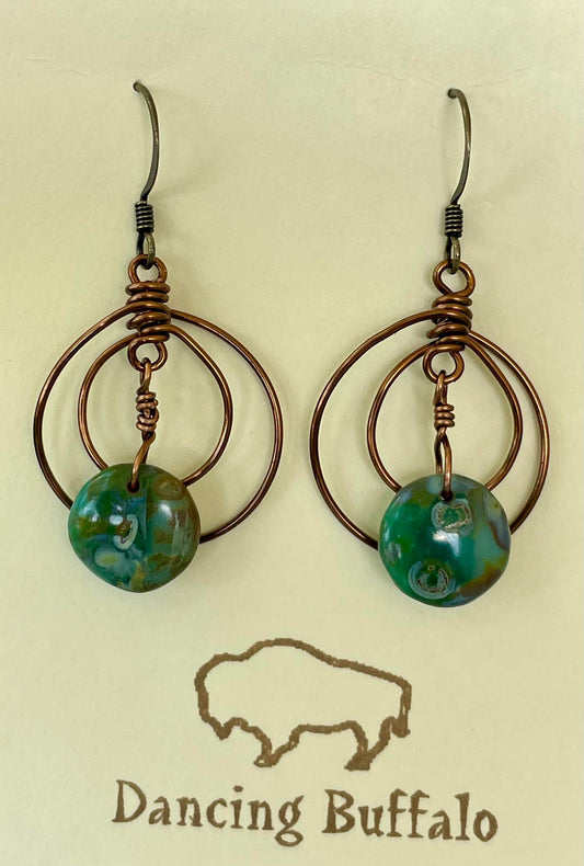 Double Circle Wire Wrapped Earrings-Green