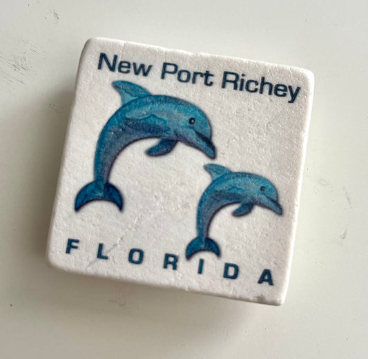 NEW PORT RICHEY, FL (Two Dolphins) – 2" Marble Magnet