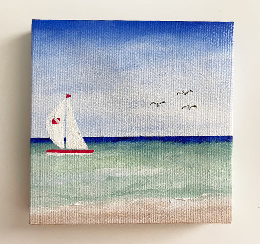 4" x 4" Beach Scene with Sailboat