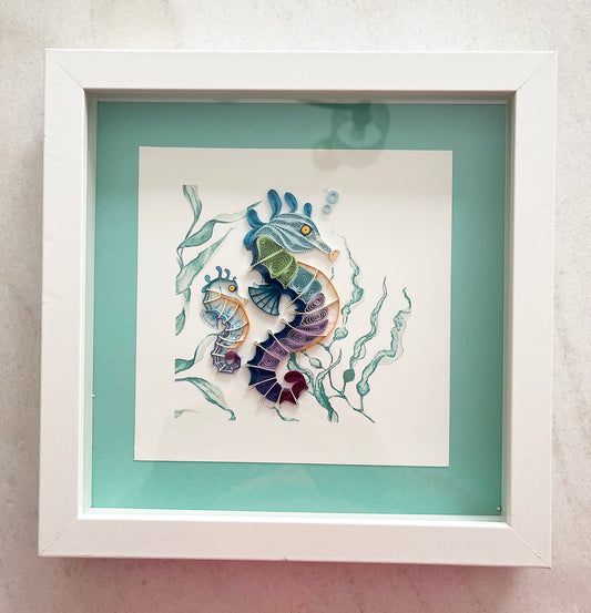 8" x 8" Framed Quilled Artwork (Seahorses)