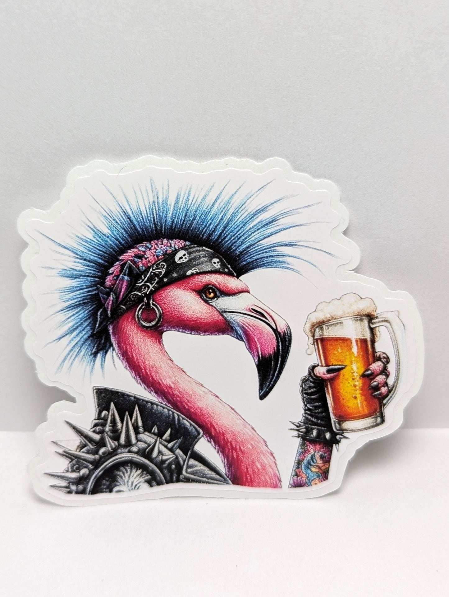 Punk Flamingo Holding a Beer Watercolor Vinyl Sticker