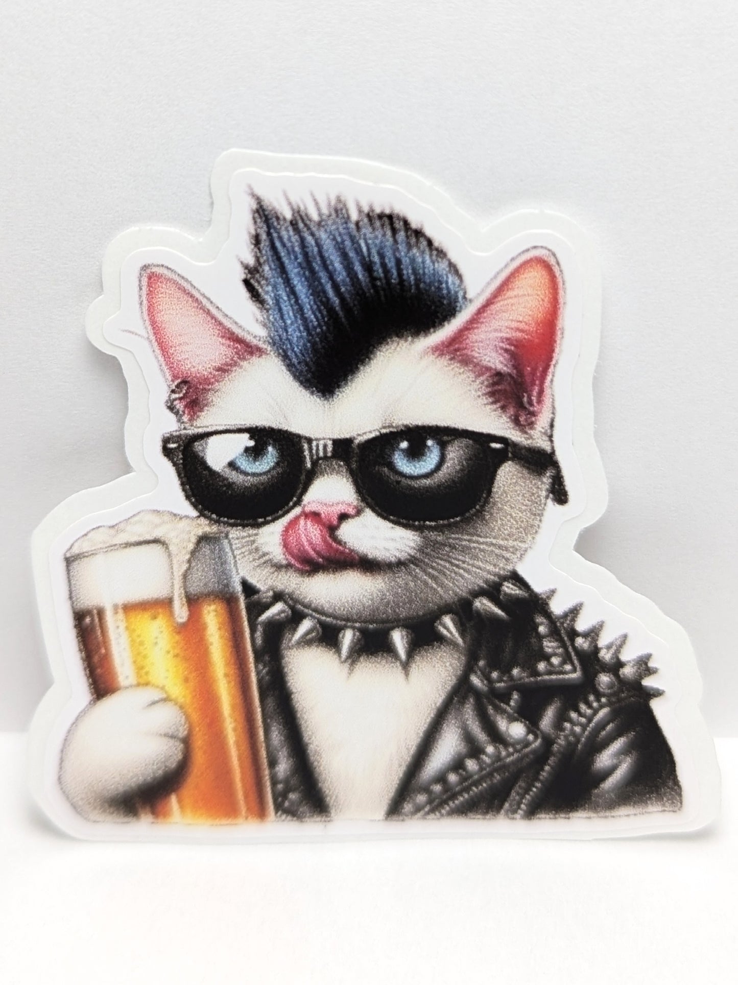 Punk White Cat Holding a Beer Watercolor Vinyl Sticker