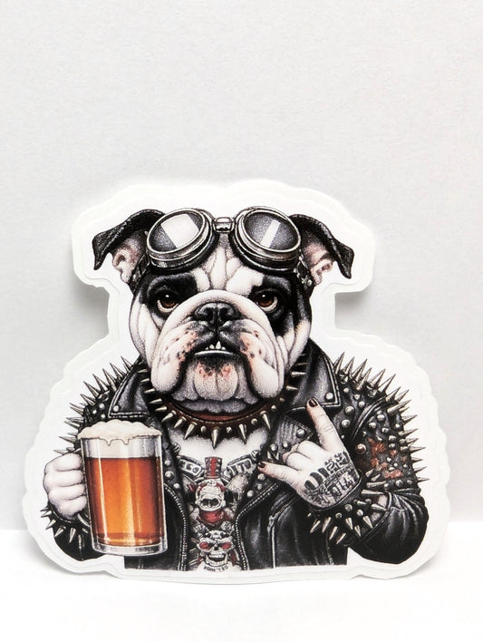 Punk Bulldog Holding a Beer Watercolor Vinyl Sticker