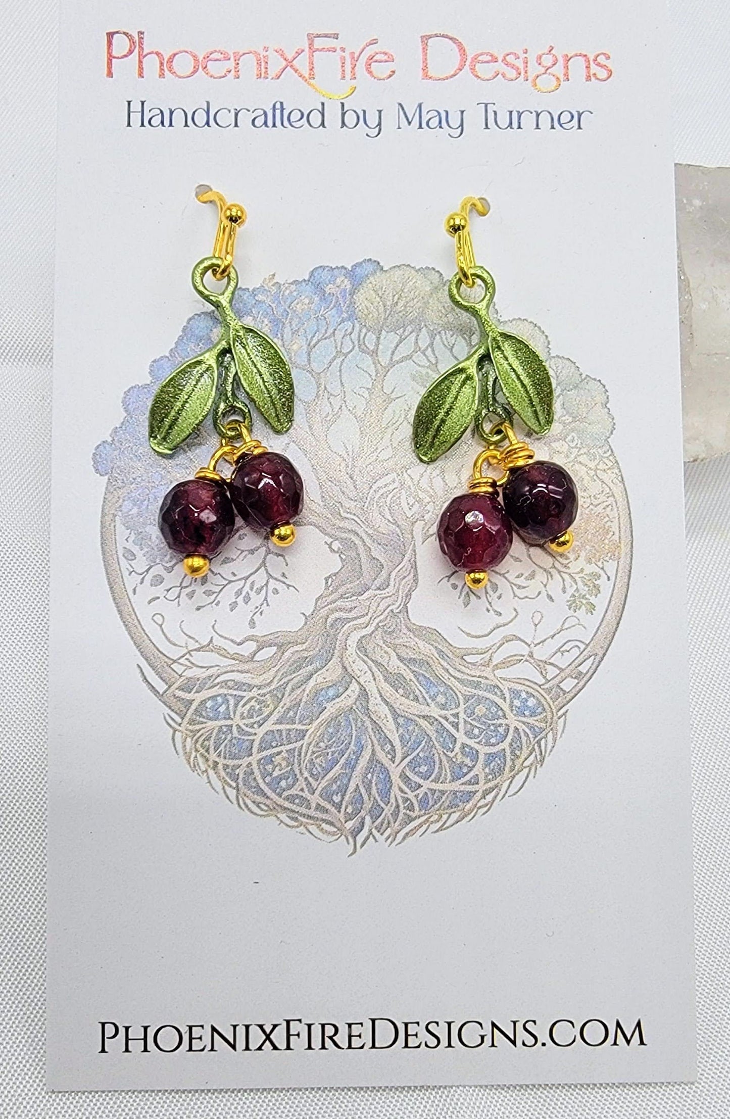 "Cherry" Garnet Earrings with Leaves 14kgf Hooks