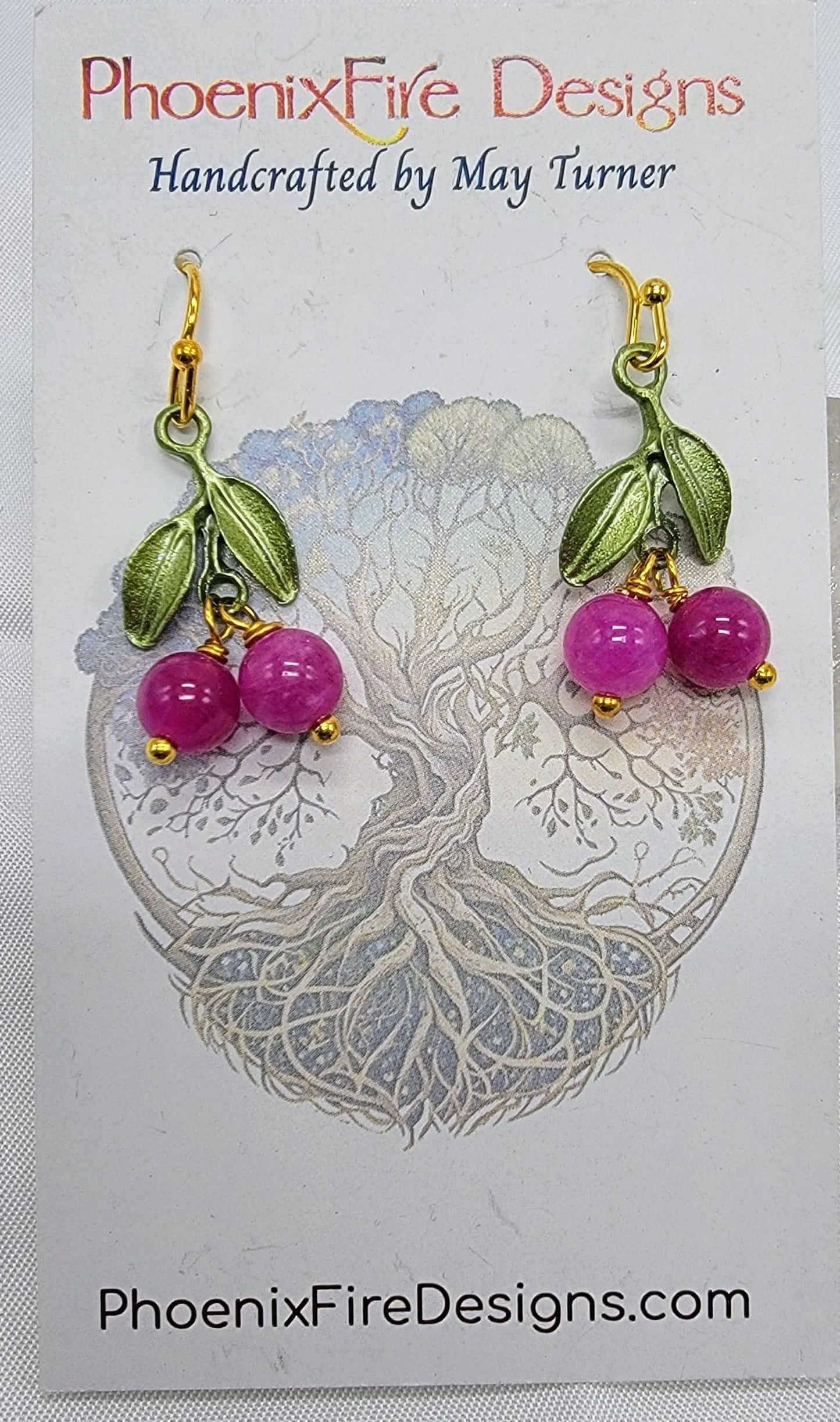 Pink Tourmaline "Cherry" Earrings w/Leaves on 14kgf Hooks