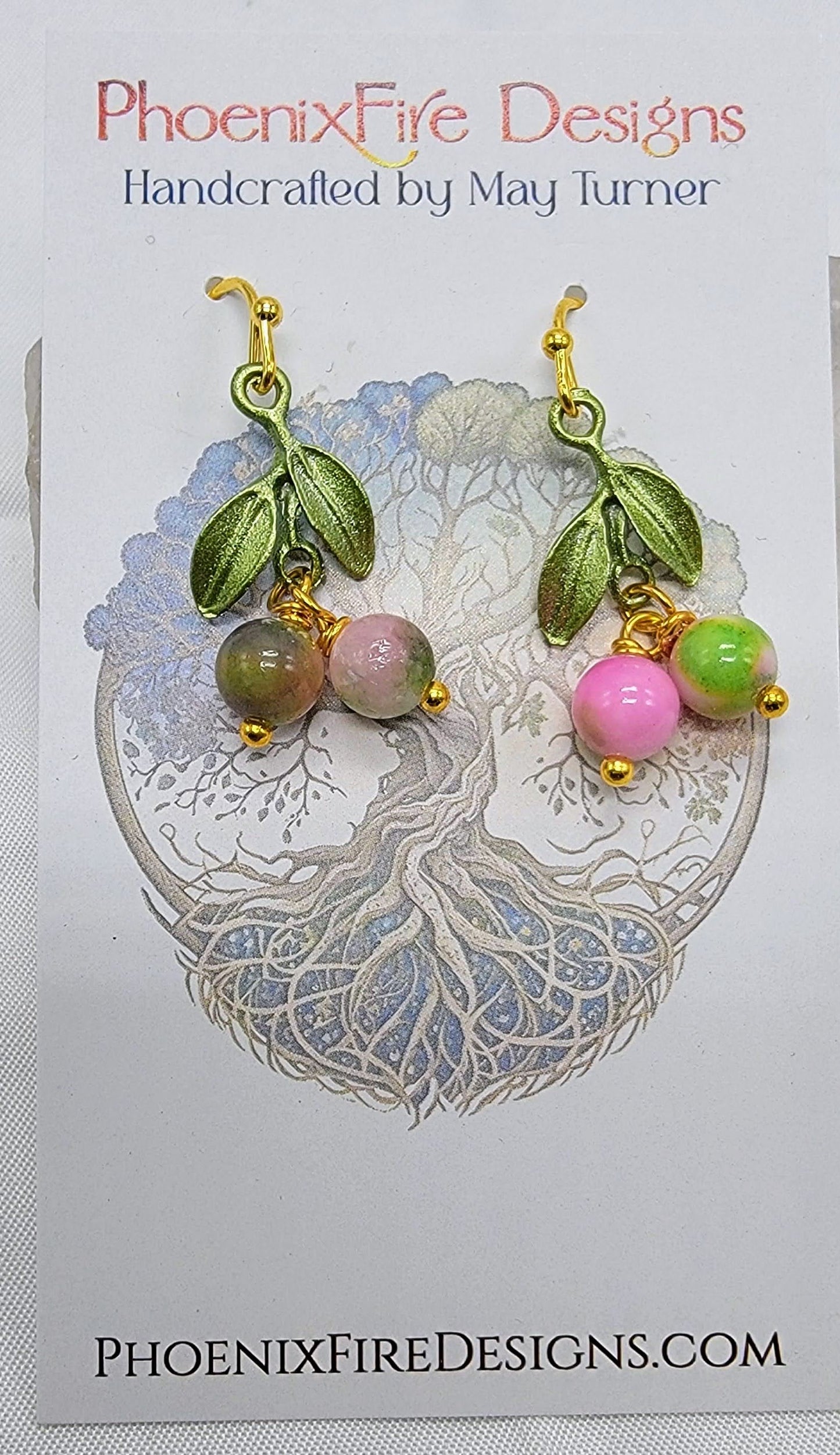 Pink/Green Jade "Cherry" Earrings w/Leaves 14kgf Hooks