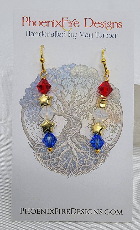 Red/White/Blue Genuine Swarovski Earrings on 14kgf Hooks