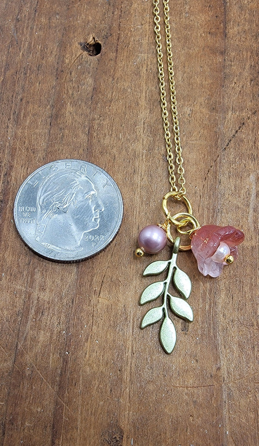 Pink Flower Petal Leaf Necklace Hypoallergenic Surgical Steel Gold Chain