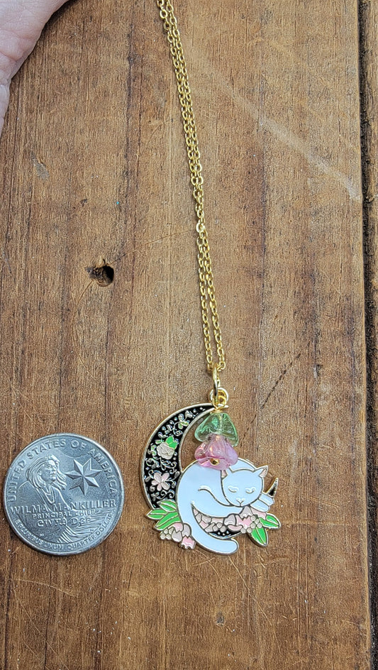 Crescent Moon Kitty Necklace Hypoallergenic Surgical Steel Gold Chain