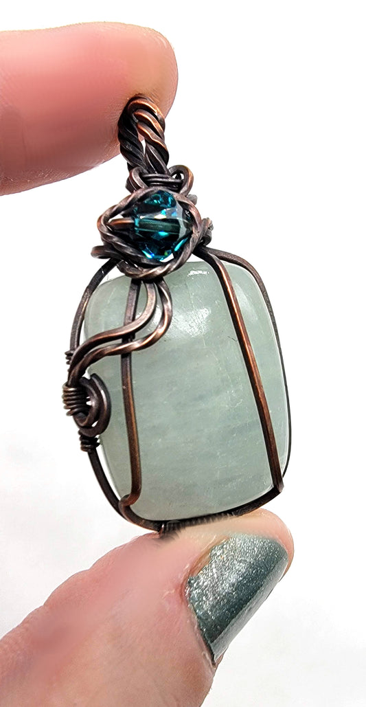 Aquamarine w/Swarovski Crystal Accent Wire Wrapped Copper Pendant