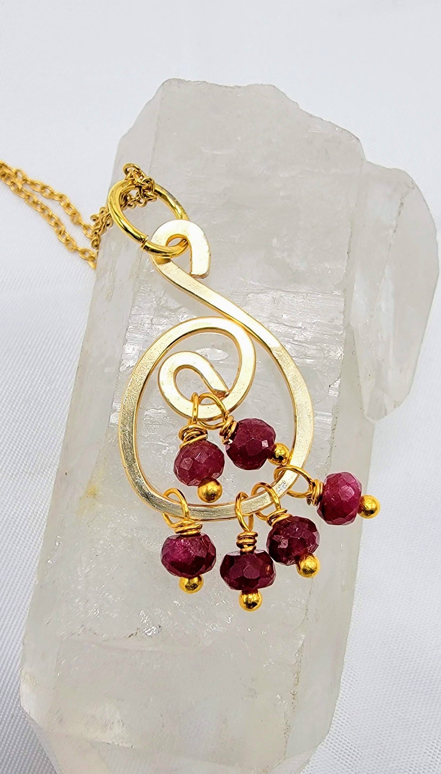 Genuine Ruby Hand Hammered Swirl Pendant Hypoallergenic Chain