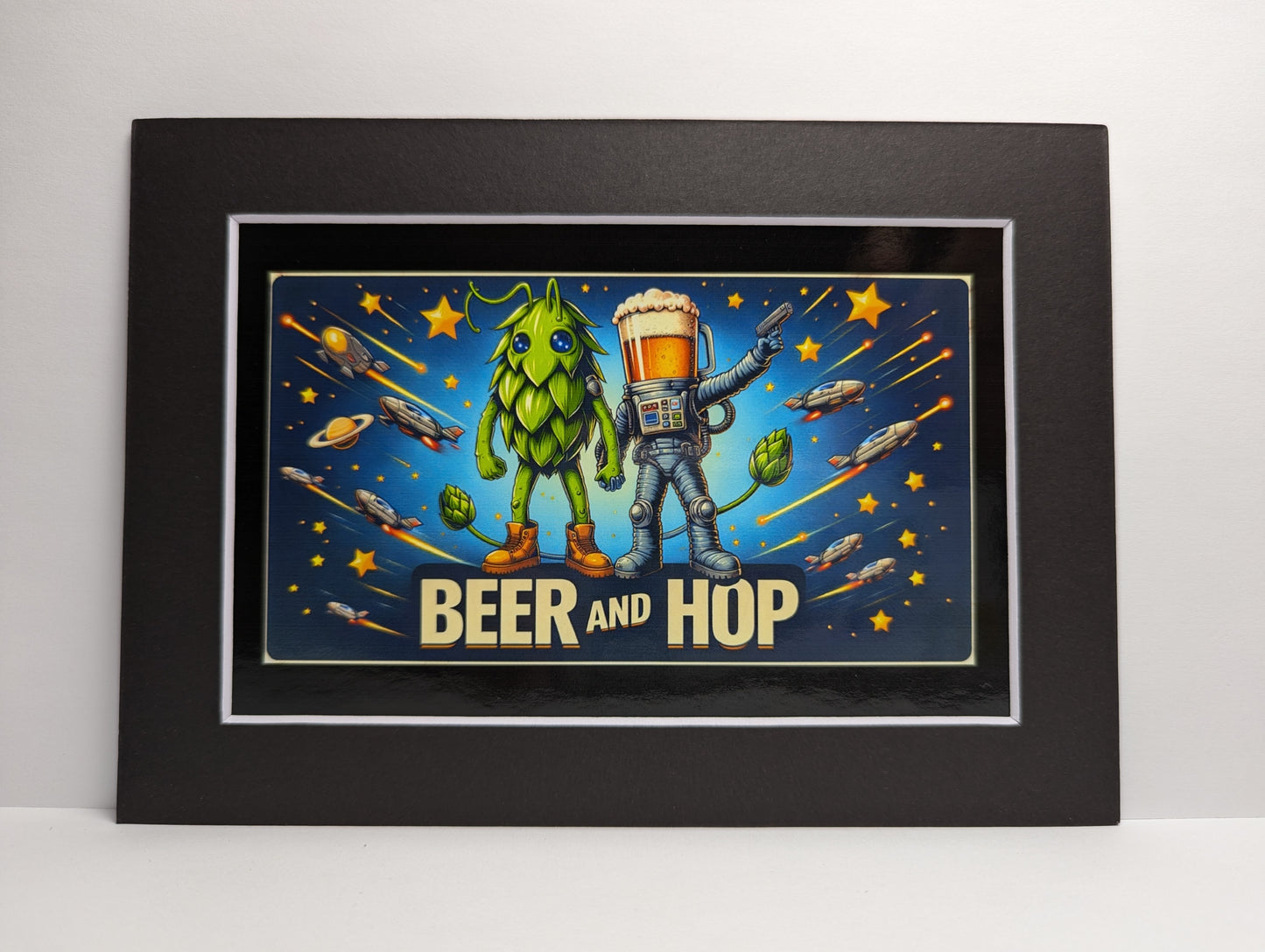 Beer and Hop Spaceship Movie Poster Matted Print