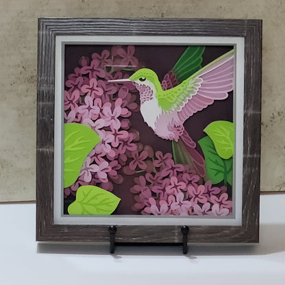 3D Pink Lilacs with hummingbird shadow box