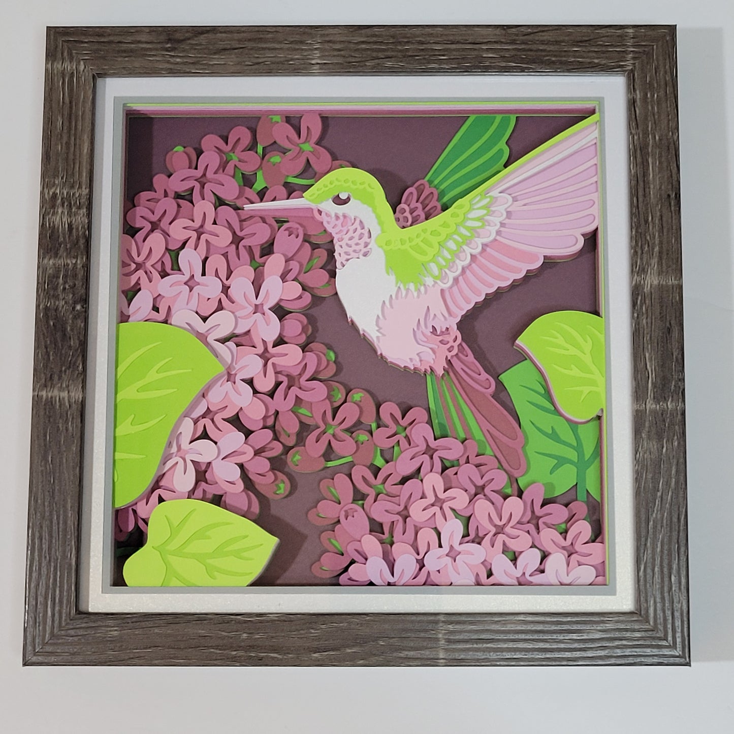 3D Pink Lilacs with hummingbird shadow box