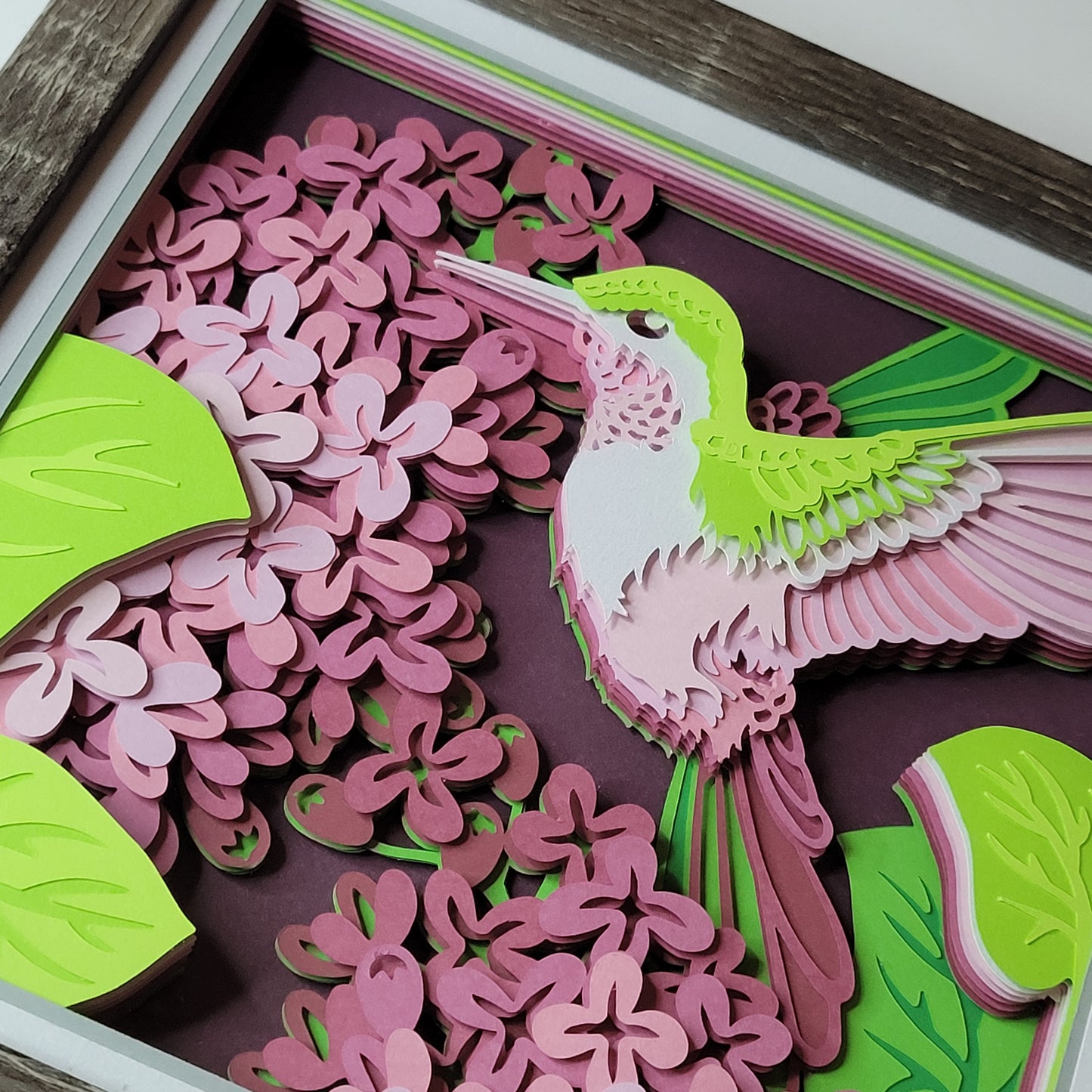 3D Pink Lilacs with hummingbird shadow box