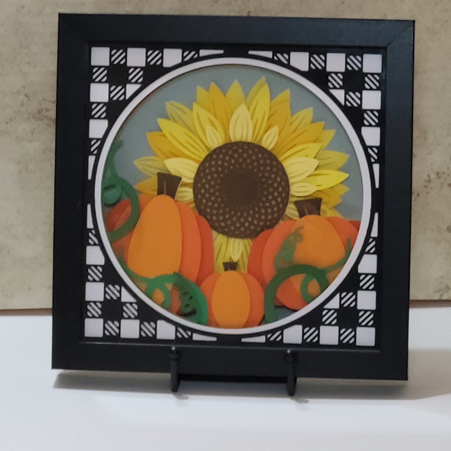 3D Sunflower with pumpkins round buffalo check shadow box