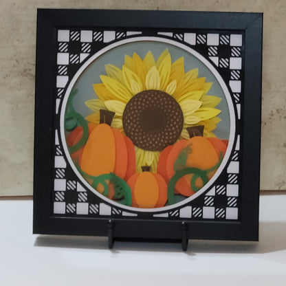 3D Sunflower with pumpkins round buffalo check shadow box