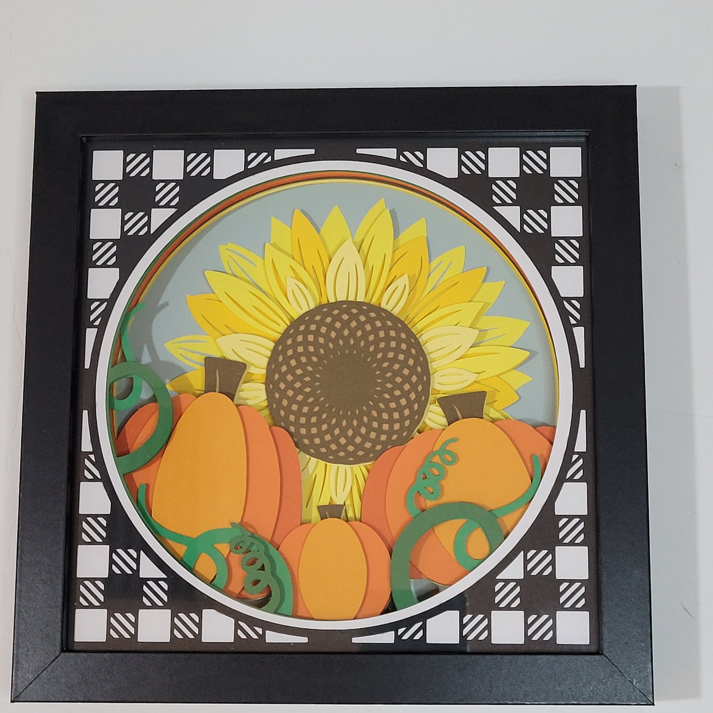 3D Sunflower with pumpkins round buffalo check shadow box