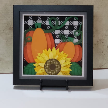 3D Pumpkins with sunflower square buffalo check shadow box.