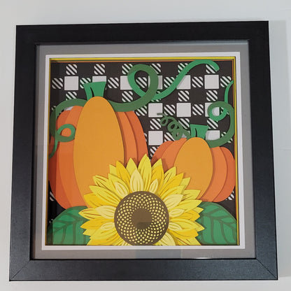 3D Pumpkins with sunflower square buffalo check shadow box.