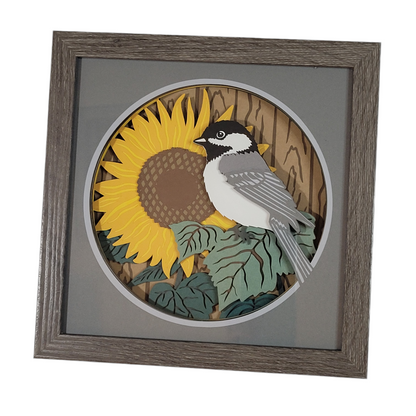 3D Chickadee with sunflower shadow box