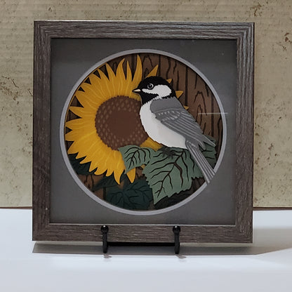 3D Chickadee with sunflower shadow box