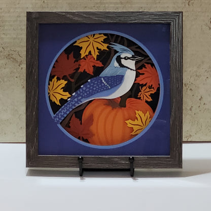 3D Blue Jay with pumpkin shadow box